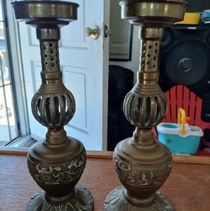 Vintage Brass Moroccan Candle Stick Holders Boho Style Etched Design